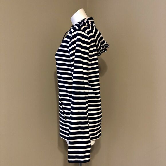 J. Crew Hooded Pullover Small Navy Blue White Stripe Front Pouch Pocket Loose - Picture 2 of 11